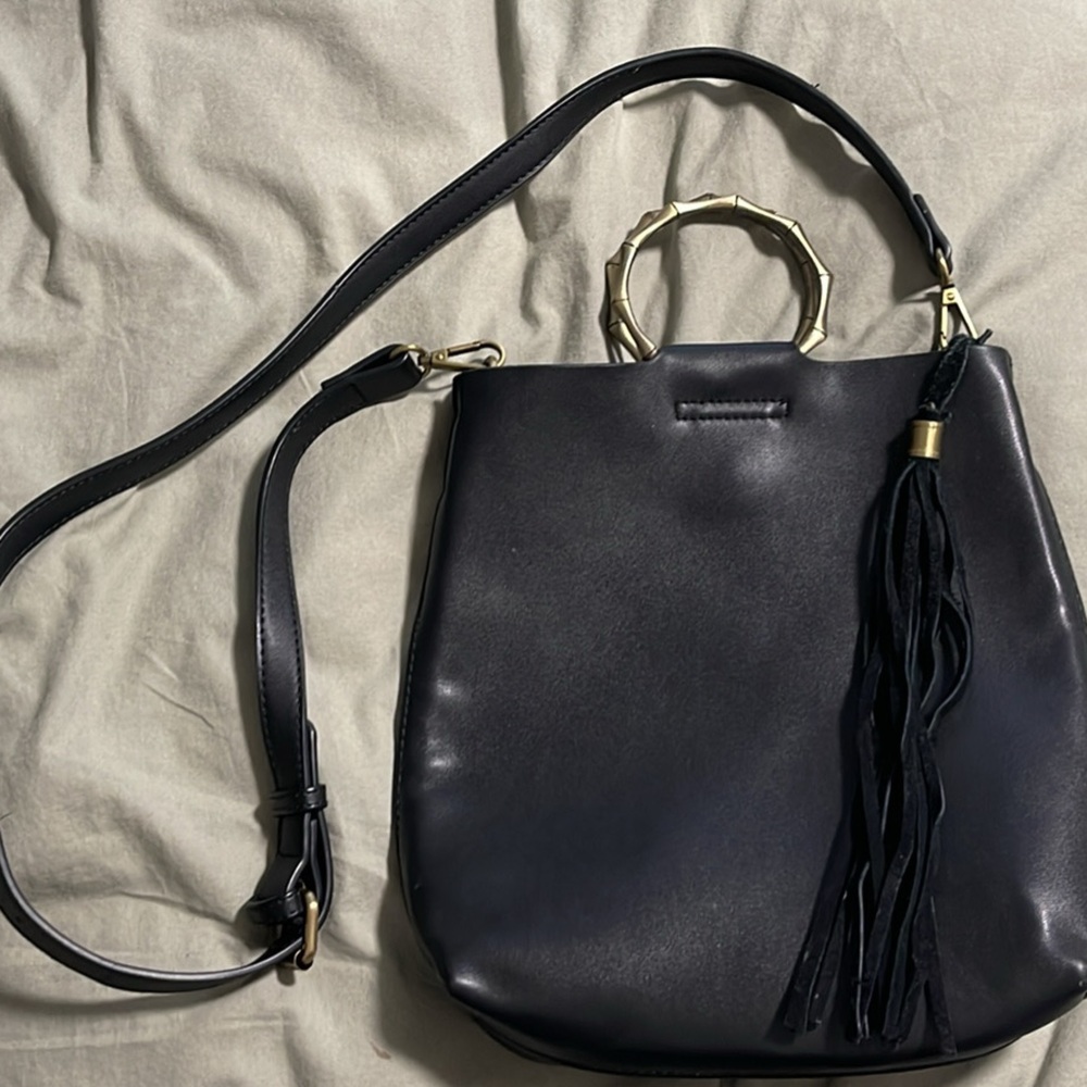 Anthropologie - Black Leather Handbag with Tassel